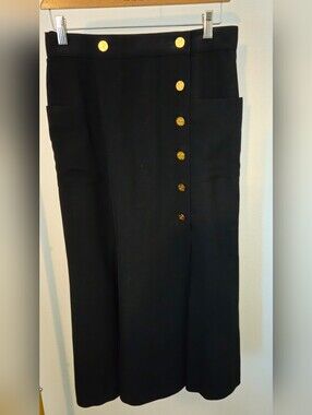 Vintage Chanel Boutique 100% Silk Black Skirt with Gold Button Detail